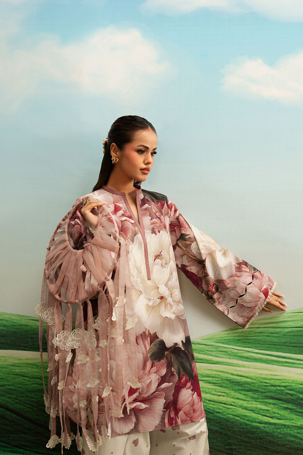 Pink Floral Printed Lawn 2-Piece Set | Kurta Shirt & Cream Trouser – Readymade Pakistani Everyday Casual Wear UK | Basic Prints AB-405 - View 6