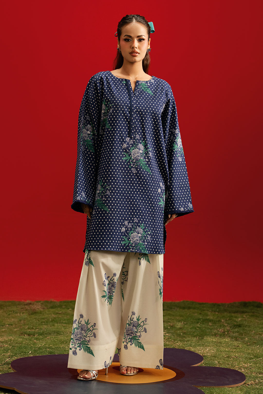Blue Floral Printed Lawn 2-Piece Set | Kurta Shirt & Cream Trouser – Stitched Pakistani Everyday Casual Wear UK | Basic Prints AB-408 - View 1