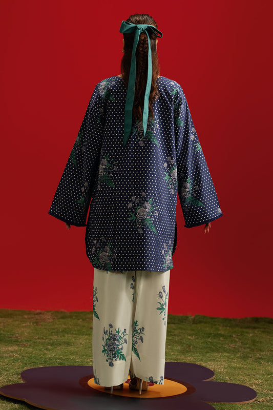 Blue Floral Printed Lawn 2-Piece Set | Kurta Shirt & Cream Trouser – Stitched Pakistani Everyday Casual Wear UK | Basic Prints AB-408 - View 2