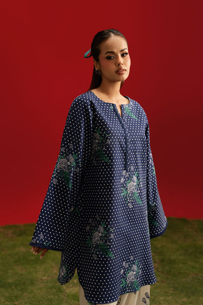 Blue Floral Printed Lawn 2-Piece Set | Kurta Shirt & Cream Trouser – Stitched Pakistani Everyday Casual Wear UK | Basic Prints AB-408 - View 4