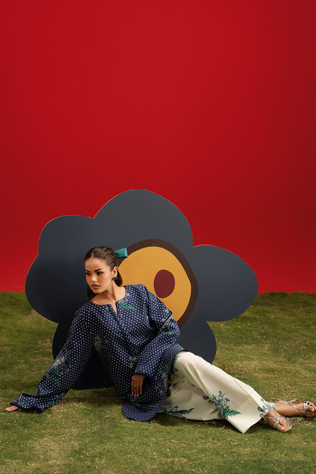 Blue Floral Printed Lawn 2-Piece Set | Kurta Shirt & Cream Trouser – Stitched Pakistani Everyday Casual Wear UK | Basic Prints AB-408 - View 6