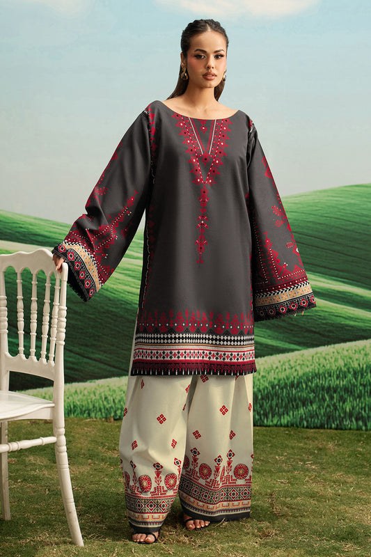 Grey Floral Printed Lawn 2-Piece Set | Kurta Shirt & Cream Trouser – Ready to Wear Pakistani Everyday Casual Wear UK | Basic Prints AB-410 - View 1