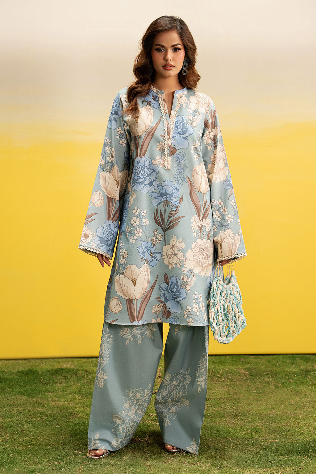 Sky Blue Floral Printed Lawn 2-Piece Set | Kurta Shirt & Matching Trouser – Readymade Pakistani Everyday Casual Wear UK | Basic Prints AB-308 - View 1