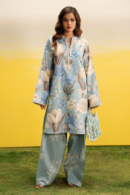 Sky Blue Floral Printed Lawn 2-Piece Set | Kurta Shirt & Matching Trouser – Readymade Pakistani Everyday Casual Wear UK | Basic Prints AB-308 - View 1