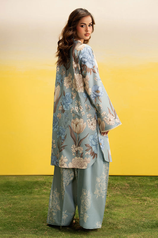Sky Blue Floral Printed Lawn 2-Piece Set | Kurta Shirt & Matching Trouser – Readymade Pakistani Everyday Casual Wear UK | Basic Prints AB-308 - View 2