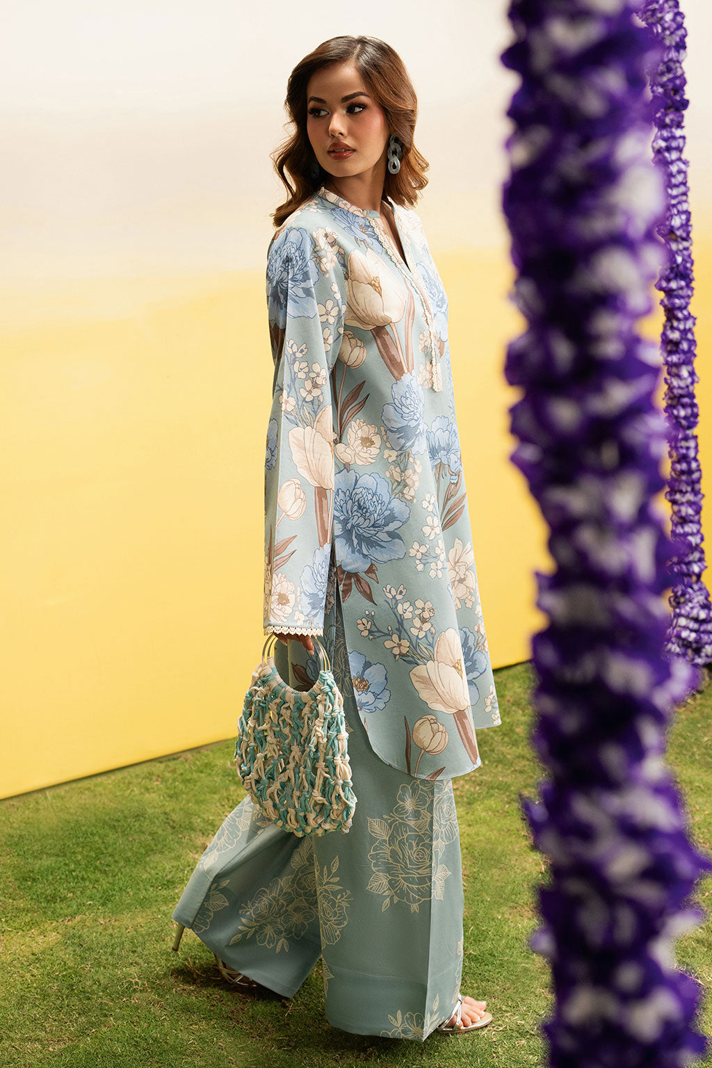 Sky Blue Floral Printed Lawn 2-Piece Set | Kurta Shirt & Matching Trouser – Readymade Pakistani Everyday Casual Wear UK | Basic Prints AB-308 - View 8