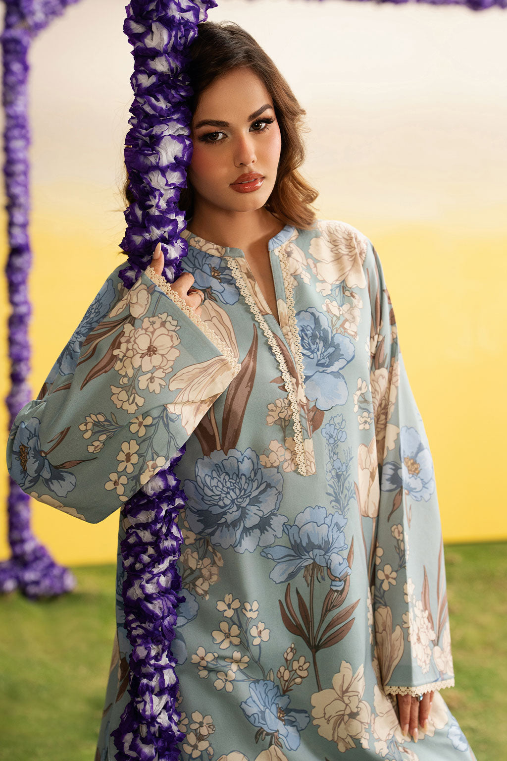 Sky Blue Floral Printed Lawn 2-Piece Set | Kurta Shirt & Matching Trouser – Readymade Pakistani Everyday Casual Wear UK | Basic Prints AB-308 - View 3