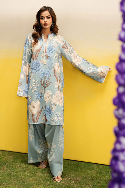 Sky Blue Floral Printed Lawn 2-Piece Set | Kurta Shirt & Matching Trouser – Readymade Pakistani Everyday Casual Wear UK | Basic Prints AB-308 - View 4