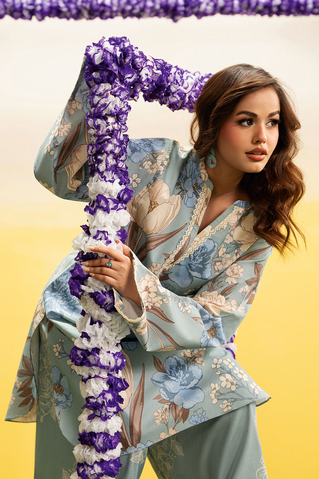 Sky Blue Floral Printed Lawn 2-Piece Set | Kurta Shirt & Matching Trouser – Readymade Pakistani Everyday Casual Wear UK | Basic Prints AB-308 - View 6