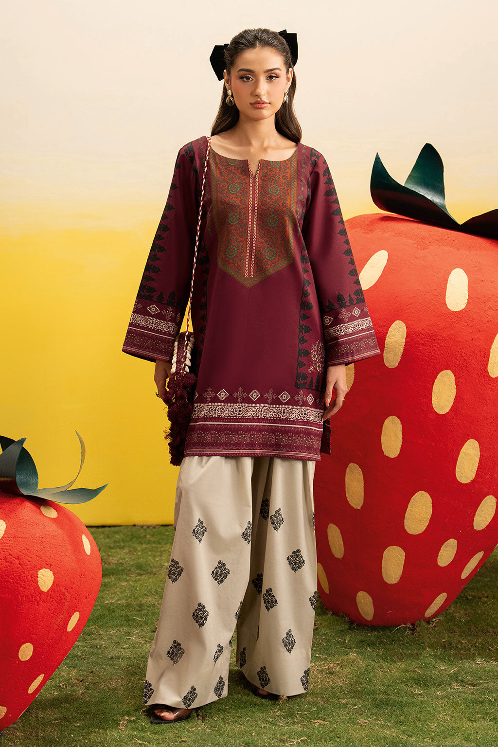 Maroon Floral Printed Lawn 2-Piece Set | Kurta Shirt & Cream Trouser – Stitched Pakistani Everyday Casual Wear UK | Basic Prints AB-303 - View 1