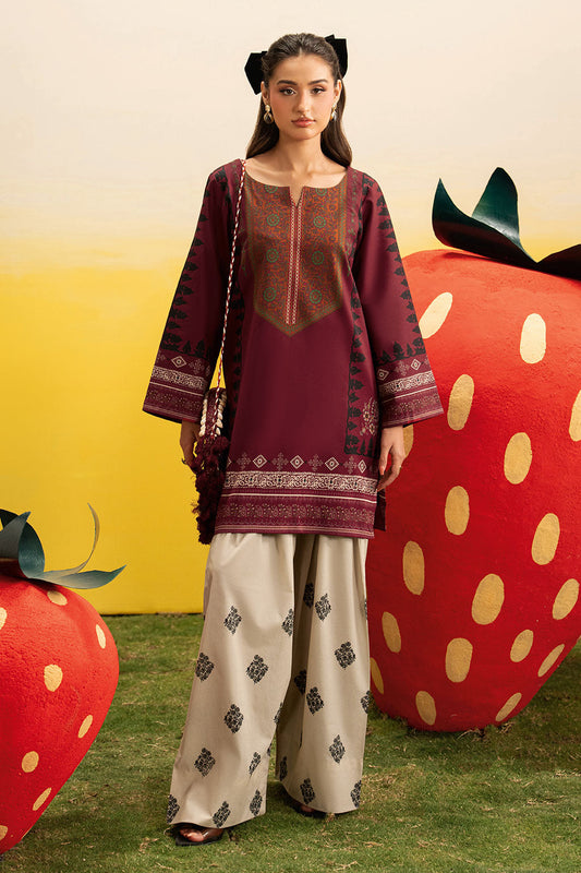 Maroon Floral Printed Lawn 2-Piece Set | Kurta Shirt & Cream Trouser – Stitched Pakistani Everyday Casual Wear UK | Basic Prints AB-303 - View 1
