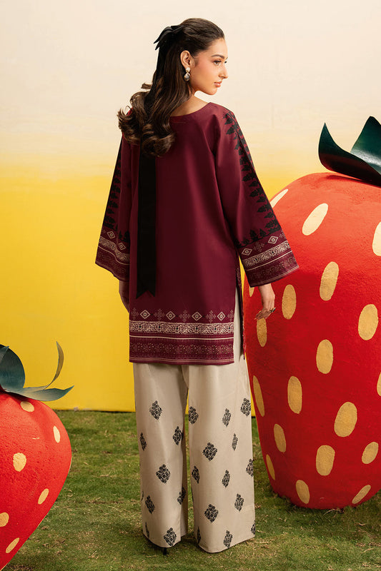 Maroon Floral Printed Lawn 2-Piece Set | Kurta Shirt & Cream Trouser – Stitched Pakistani Everyday Casual Wear UK | Basic Prints AB-303 - View 2