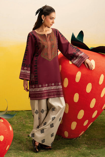 Maroon Floral Printed Lawn 2-Piece Set | Kurta Shirt & Cream Trouser – Stitched Pakistani Everyday Casual Wear UK | Basic Prints AB-303 - View 3