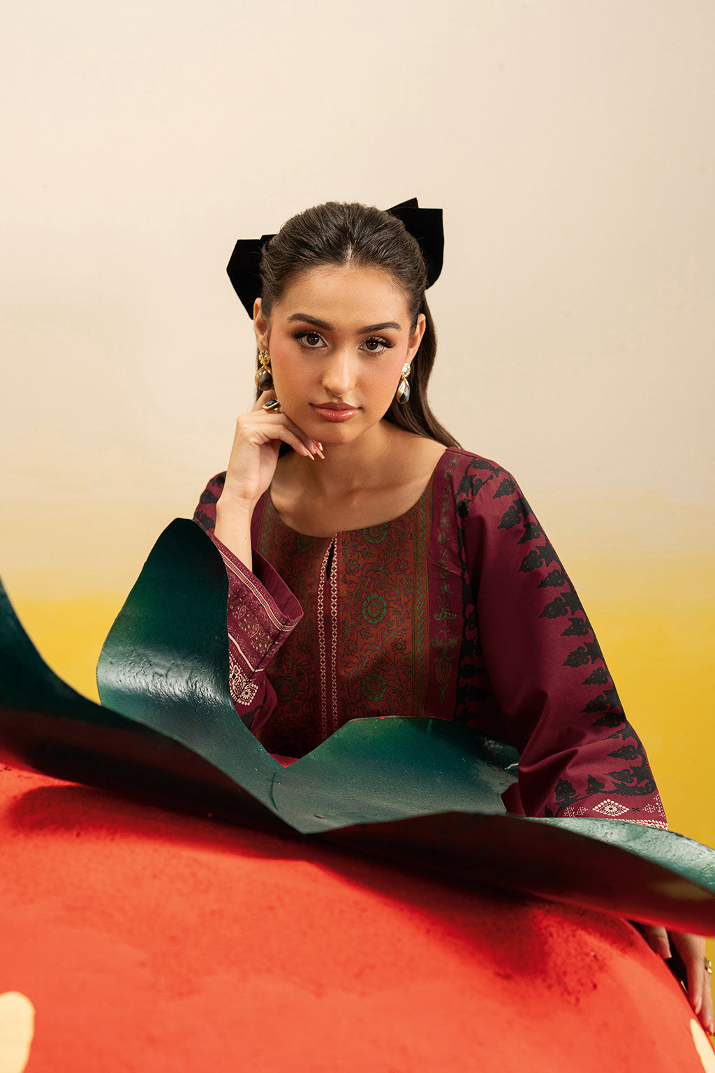 Maroon Floral Printed Lawn 2-Piece Set | Kurta Shirt & Cream Trouser – Stitched Pakistani Everyday Casual Wear UK | Basic Prints AB-303 - View 4