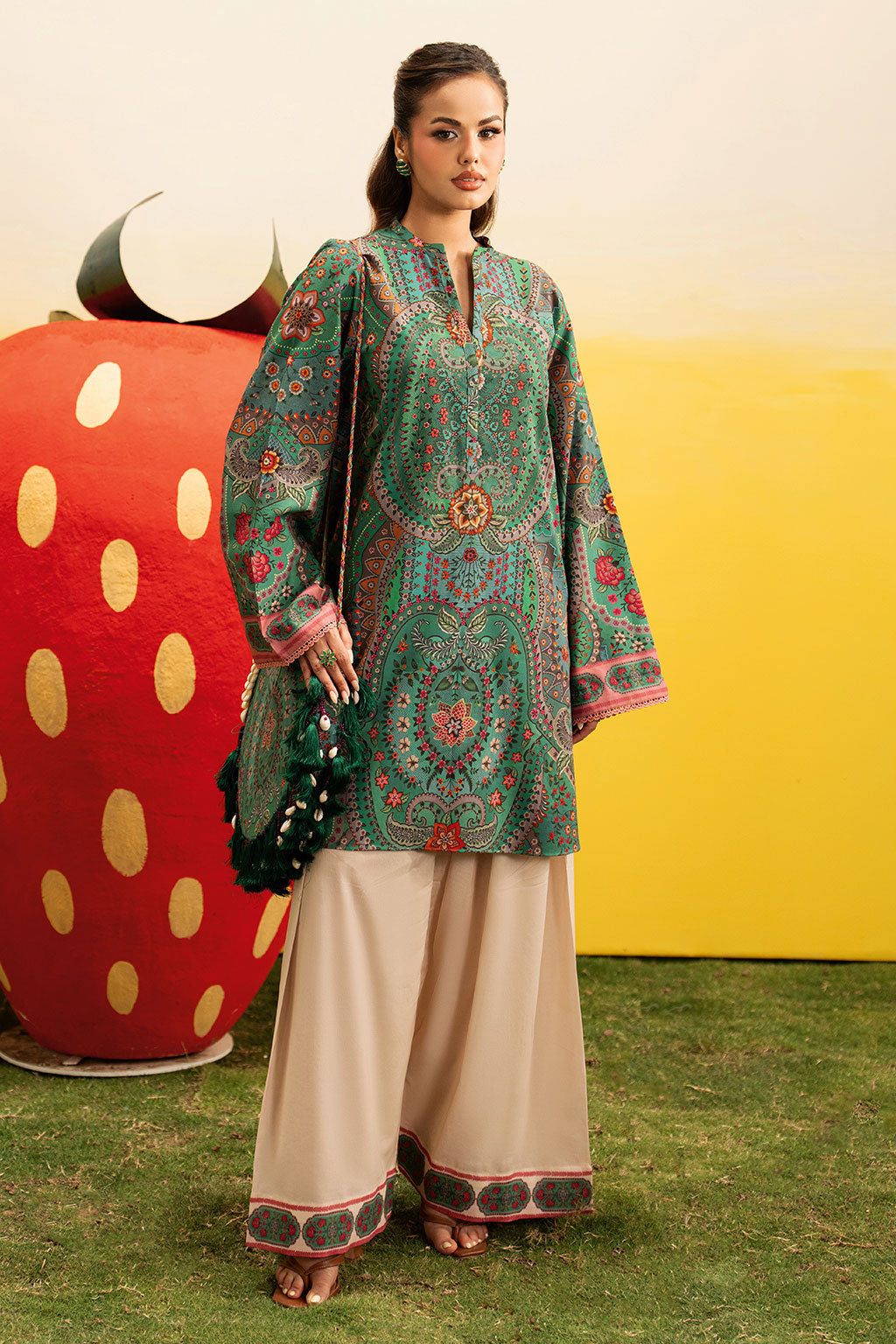 Green Floral Printed Lawn 2-Piece Set | Kurta Shirt & Cream Trouser – Ready to Wear Pakistani Everyday Casual Wear UK | Basic Prints AB-304 - View 1
