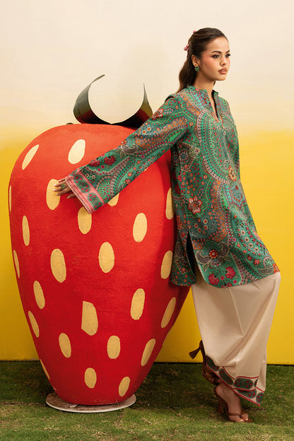 Green Floral Printed Lawn 2-Piece Set | Kurta Shirt & Cream Trouser – Ready to Wear Pakistani Everyday Casual Wear UK | Basic Prints AB-304 - View 3