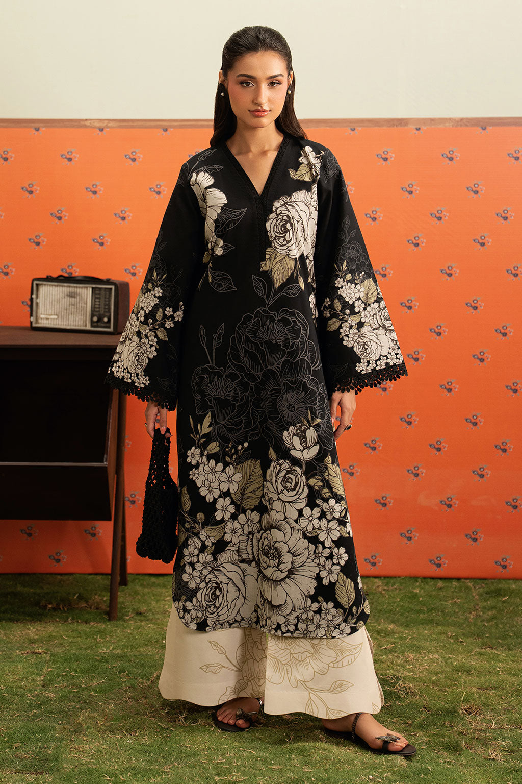 Black Floral Printed Lawn 2-Piece Set | Kurta Shirt & Cream Trouser – Stitched Pakistani Everyday Casual Wear UK | Basic Prints AB-309 - View 1