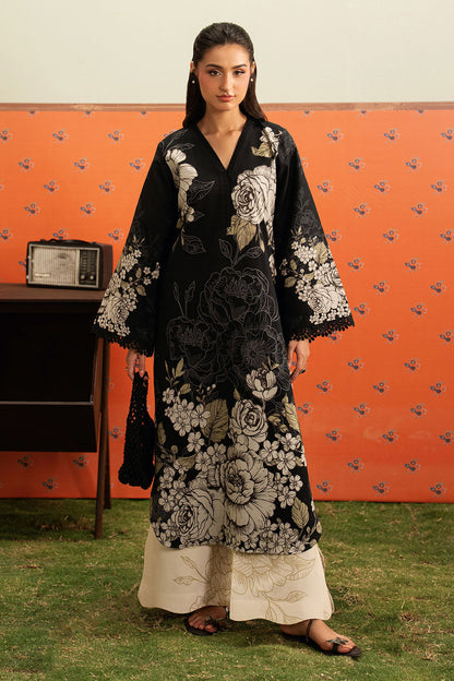 Black Floral Printed Lawn 2-Piece Set | Kurta Shirt & Cream Trouser – Stitched Pakistani Everyday Casual Wear UK | Basic Prints AB-309 - View 1