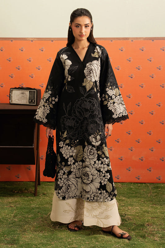 Black Floral Printed Lawn 2-Piece Set | Kurta Shirt & Cream Trouser – Stitched Pakistani Everyday Casual Wear UK | Basic Prints AB-309 - View 1