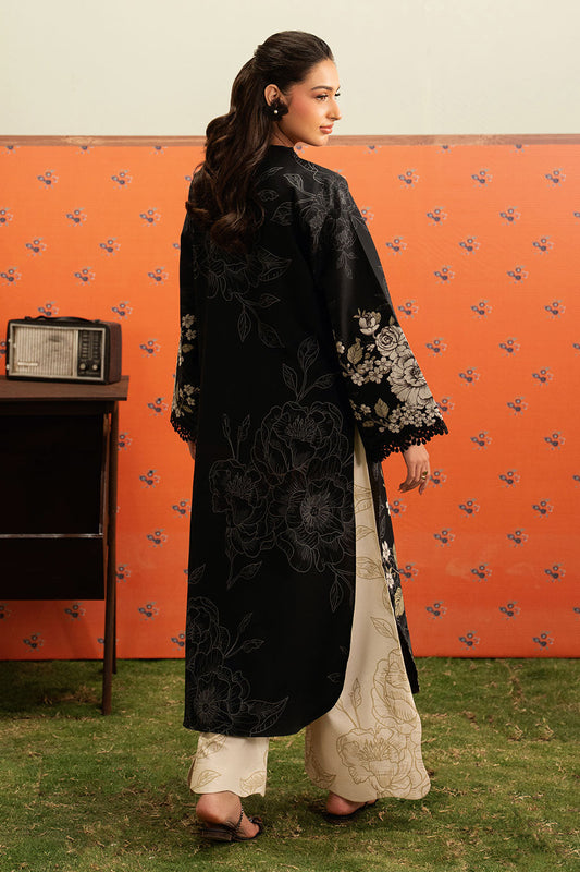 Black Floral Printed Lawn 2-Piece Set | Kurta Shirt & Cream Trouser – Stitched Pakistani Everyday Casual Wear UK | Basic Prints AB-309 - View 2