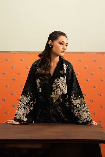 Black Floral Printed Lawn 2-Piece Set | Kurta Shirt & Cream Trouser – Stitched Pakistani Everyday Casual Wear UK | Basic Prints AB-309 - View 5