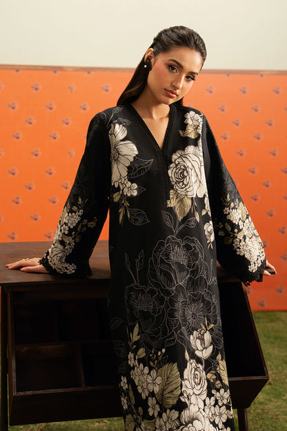 Black Floral Printed Lawn 2-Piece Set | Kurta Shirt & Cream Trouser – Stitched Pakistani Everyday Casual Wear UK | Basic Prints AB-309 - View 7