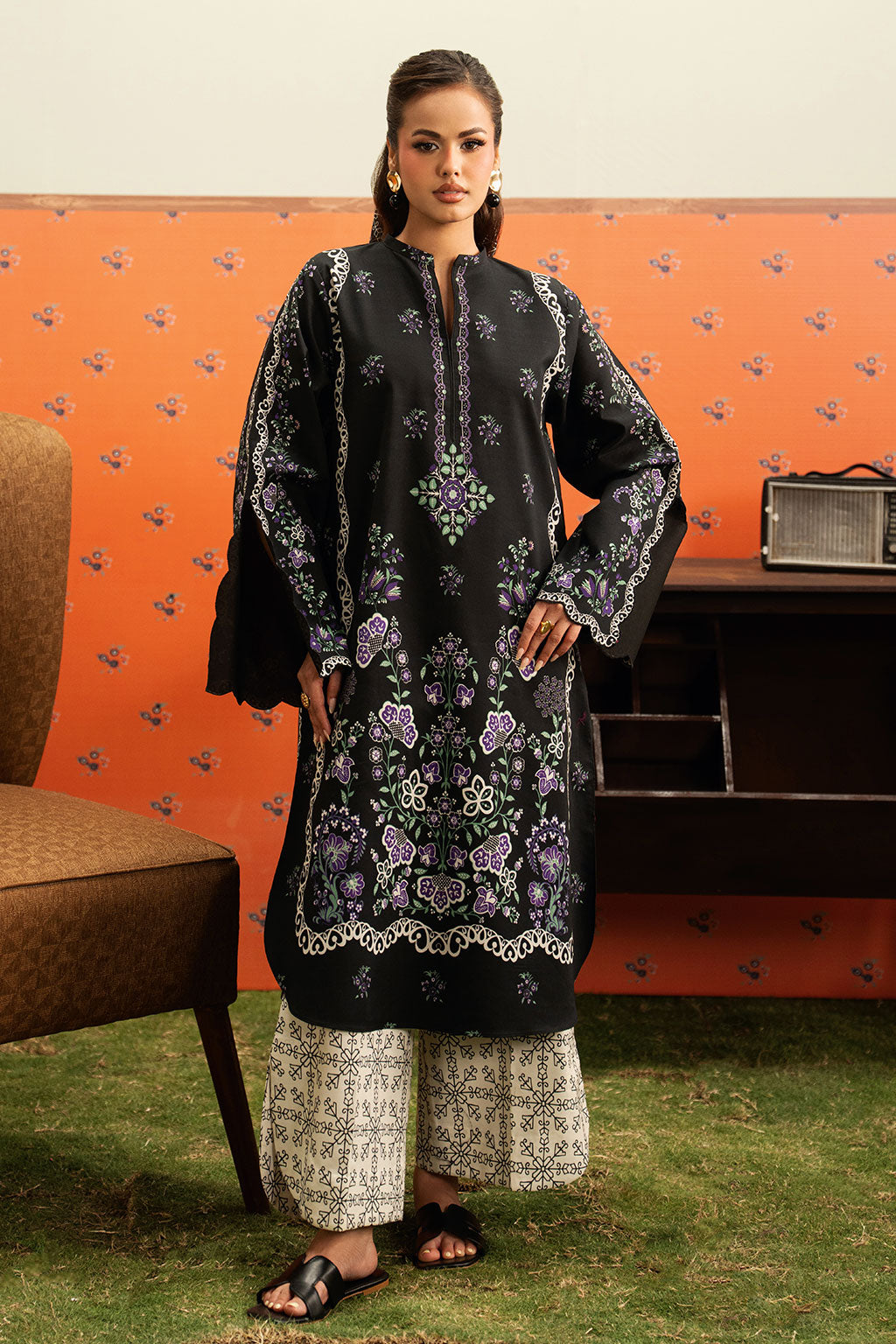 Black Floral Printed Lawn 2-Piece Set | Kurta Shirt & Cream Trouser – Ready to Wear Pakistani Everyday Casual Wear UK | Basic Prints AB-402 - View 1