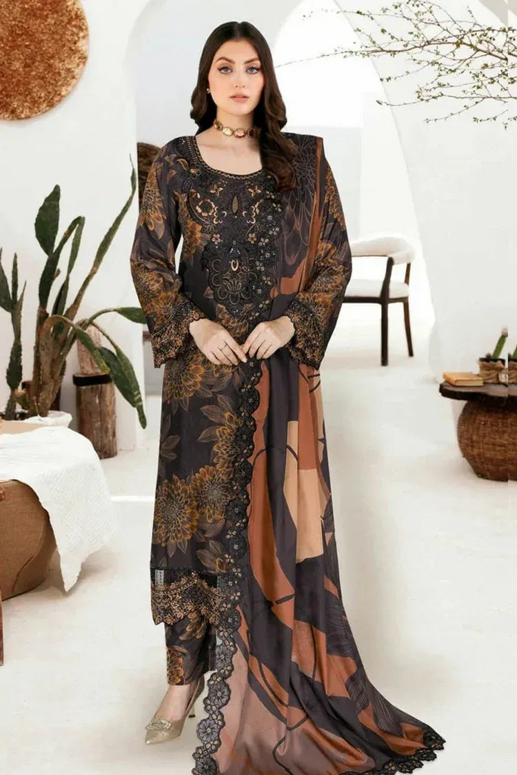 Charcoal Black & Amber Brown Printed Raw Silk 3-Piece Suit | Riwaj J-608 – View 1