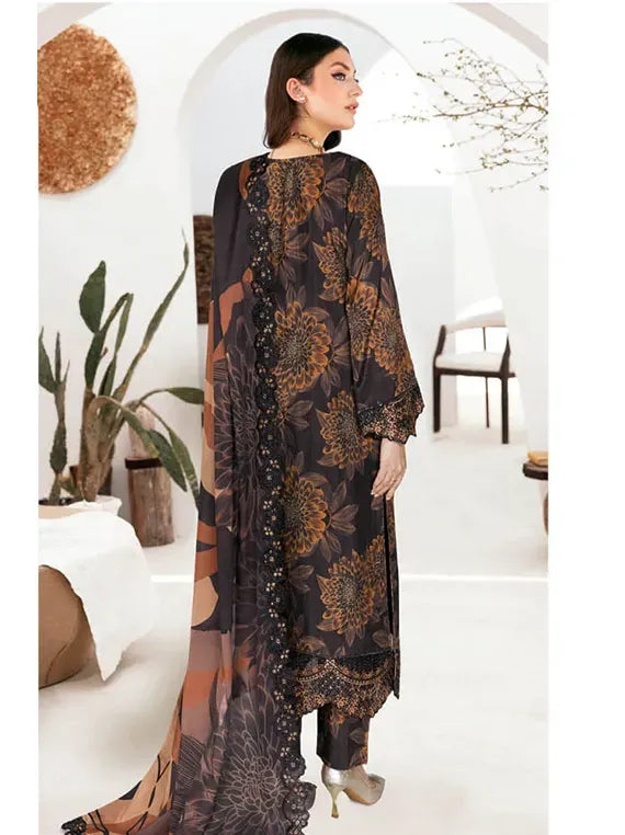 Charcoal Black & Amber Brown Printed Raw Silk 3-Piece Suit | Riwaj J-608 – View 2
