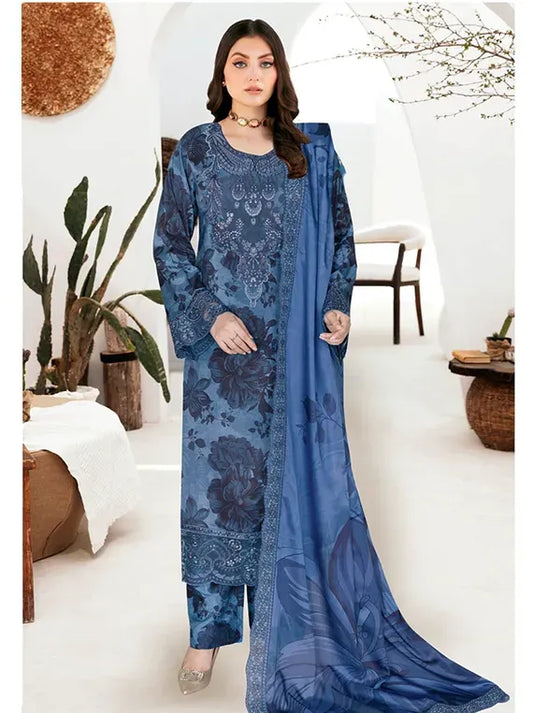 Slate Blue Printed Raw Silk 3-Piece Suit | Riwaj J-609 – View 1