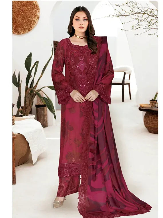 Deep Berry Magenta Printed Raw Silk 3-Piece Suit | Riwaj J-610 – View 1