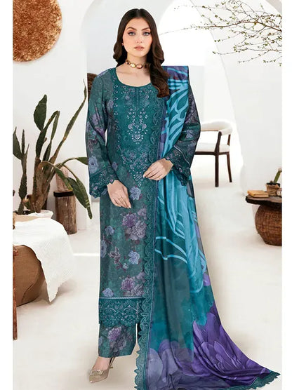 Teal Peacock Green Printed Raw Silk 3-Piece Suit | Riwaj J-611 – View 1