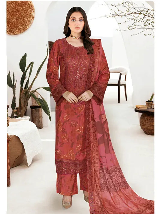 Terracotta Rust Printed Raw Silk 3-Piece Suit | Riwaj J-612 – View 1