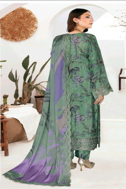Sage Green & Lavender Printed Raw Silk 3-Piece Suit | Riwaj J-613 – View 2
