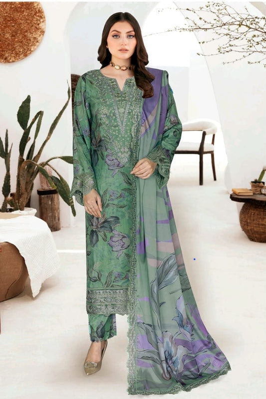 Sage Green & Lavender Printed Raw Silk 3-Piece Suit | Riwaj J-613 – View 1