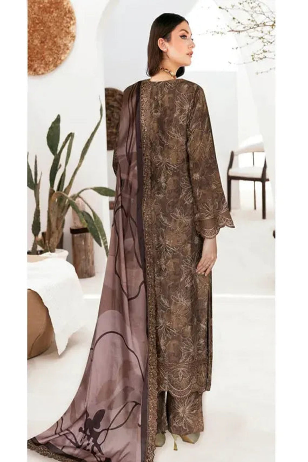 Mocha Coffee Brown Printed Raw Silk 3-Piece Suit | Riwaj J-614 – View 2
