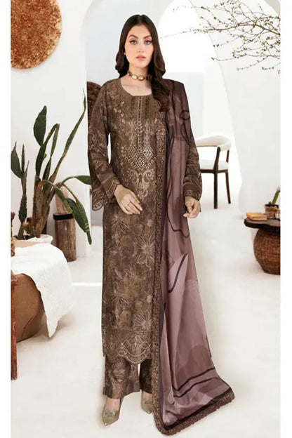 Mocha Coffee Brown Printed Raw Silk 3-Piece Suit | Riwaj J-614 – View 1