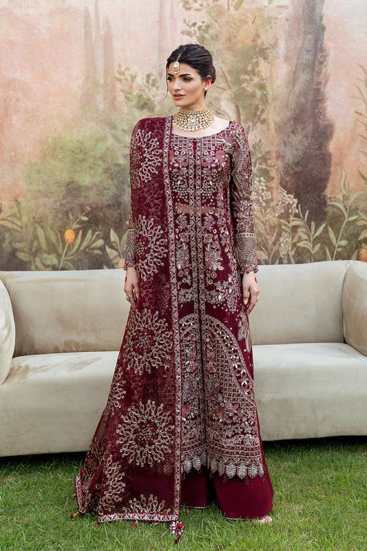 Deep Maroon Front-Open Embroidered Gown Suit | Raw Silk Wide Leg Trouser & Dupatta – Ready to Wear Pakistani Wedding Wear UK | Mehfil SF-07 (Amanat) - View 1