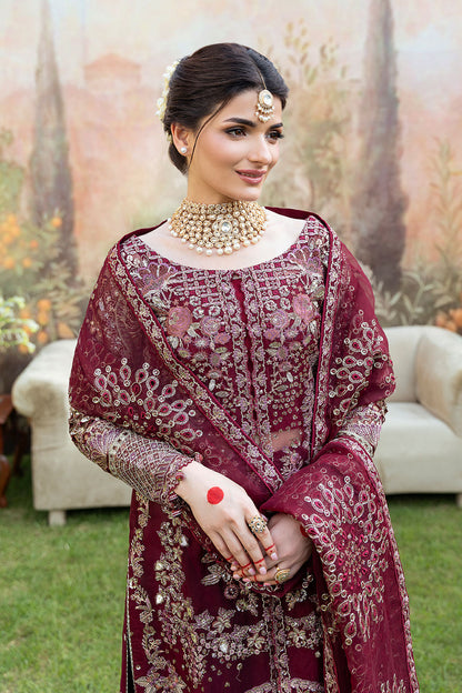 Deep Maroon Front-Open Embroidered Gown Suit | Raw Silk Wide Leg Trouser & Dupatta – Ready to Wear Pakistani Wedding Wear UK | Mehfil SF-07 (Amanat) - View 4