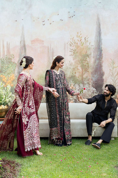 Deep Maroon Front-Open Embroidered Gown Suit | Raw Silk Wide Leg Trouser & Dupatta – Ready to Wear Pakistani Wedding Wear UK | Mehfil SF-07 (Amanat) - View 5