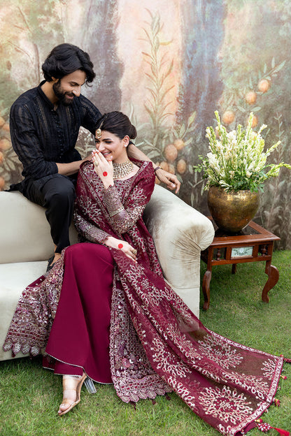 Deep Maroon Front-Open Embroidered Gown Suit | Raw Silk Wide Leg Trouser & Dupatta – Ready to Wear Pakistani Wedding Wear UK | Mehfil SF-07 (Amanat) - View 8