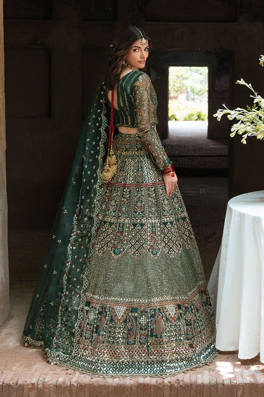 Emerald Green Handcrafted Organza Lehnga Choli Suit with Raw Silk Lining | Stitched Pakistani Wedding Dress UK | Mehfil SF-06 (Yaad) - View 2