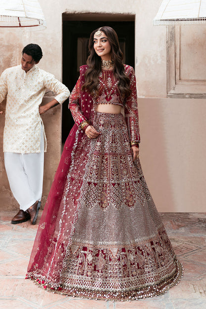 Red Embroidered Organza Lehnga Choli Suit with Raw Silk Undershirt Lining | Readymade Pakistani Wedding Dress UK | Mehfil SF-01 (Gulrukh) - View 1