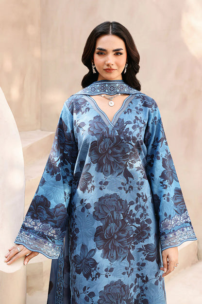 Slate Blue Grey Digital Printed Raw Silk 3-Piece Suit | Organza Embroidered Borders & Silk Dupatta – Ready to Wear Pakistani Semi-Formal Dress UK | Naqsh RS-05 - View 1