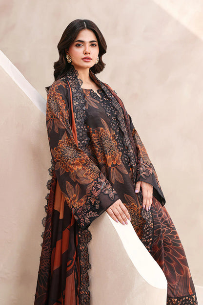 Chocolate Brown Digital Printed Raw Silk 3-Piece Suit | Embroidered Organza Borders & Silk Dupatta – Ready to Wear Pakistani Semi-Formal Dress UK | Naqsh RS-02 - View 2