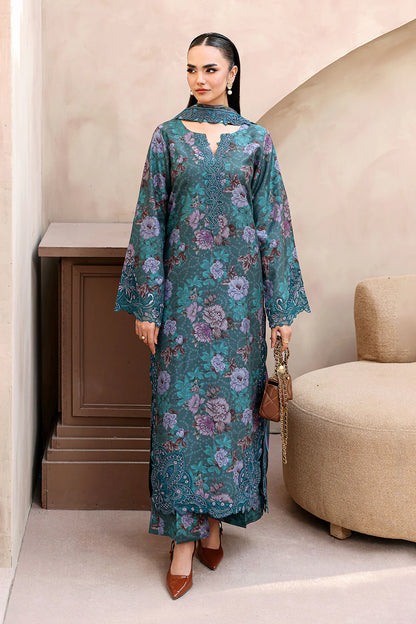 Teal Green Digital Printed Raw Silk 3-Piece Suit | Embroidered Organza Patches & Silk Dupatta – Readymade Pakistani Semi-Formal Dress UK | Naqsh RS-03 - View 2