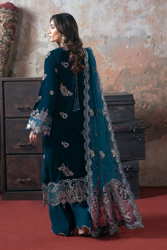 Emerald Green Embroidered Micro Velvet 3-Piece Suit | Net Dupatta & Raw Silk Trouser – Stitched Pakistani Winter Luxury Formal UK | Velvet Vol 7 V-707 - View 2