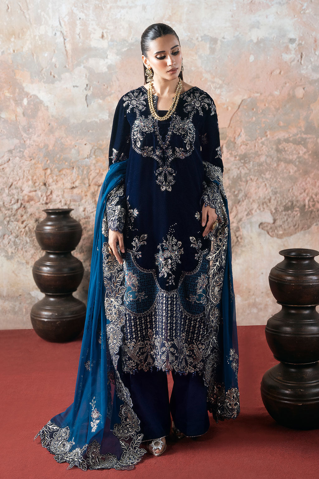 Deep Blue Embroidered Micro Velvet 3-Piece Suit | Chiffon Dupatta & Raw Silk Trouser – Readymade Pakistani Winter Luxury Formal UK | Velvet Vol 7 V-703 - View 3