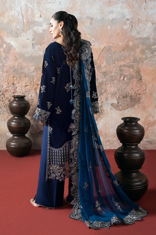 Deep Blue Embroidered Micro Velvet 3-Piece Suit | Chiffon Dupatta & Raw Silk Trouser – Readymade Pakistani Winter Luxury Formal UK | Velvet Vol 7 V-703 - View 2
