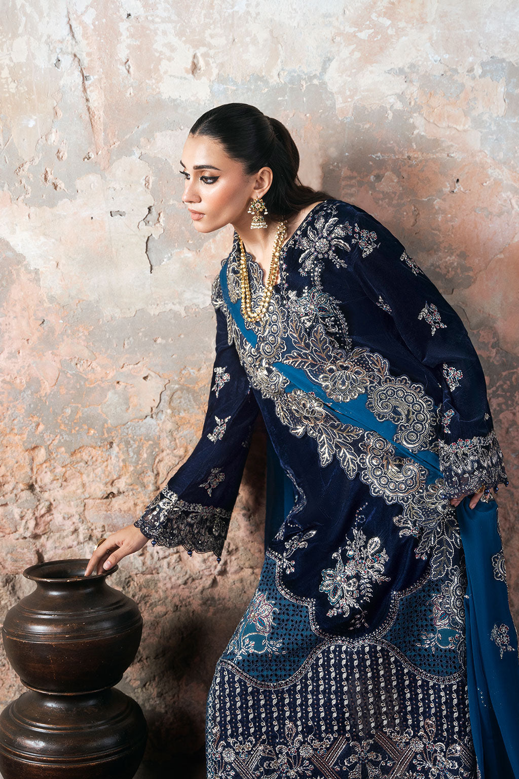 Deep Blue Embroidered Micro Velvet 3-Piece Suit | Chiffon Dupatta & Raw Silk Trouser – Readymade Pakistani Winter Luxury Formal UK | Velvet Vol 7 V-703 - View 4